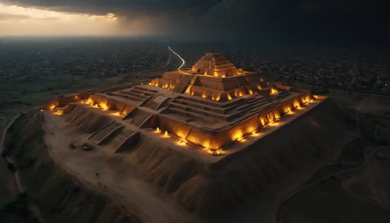 Cinematic aerial night view of ancient ruins in Pakistan