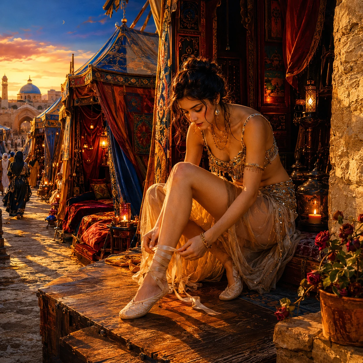 High angle view of a belly dancer in a sunlit alley