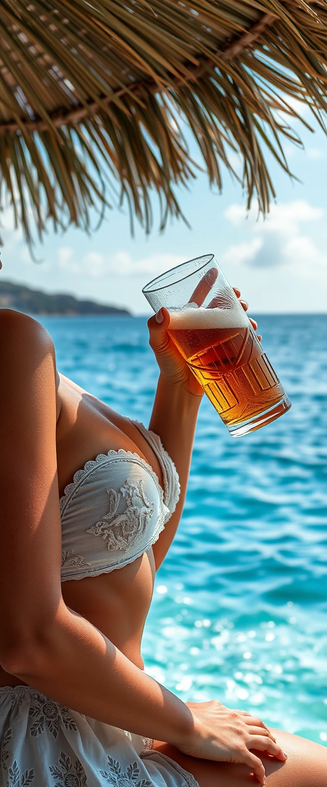 Curvy woman drinking beer with tropical ocean background