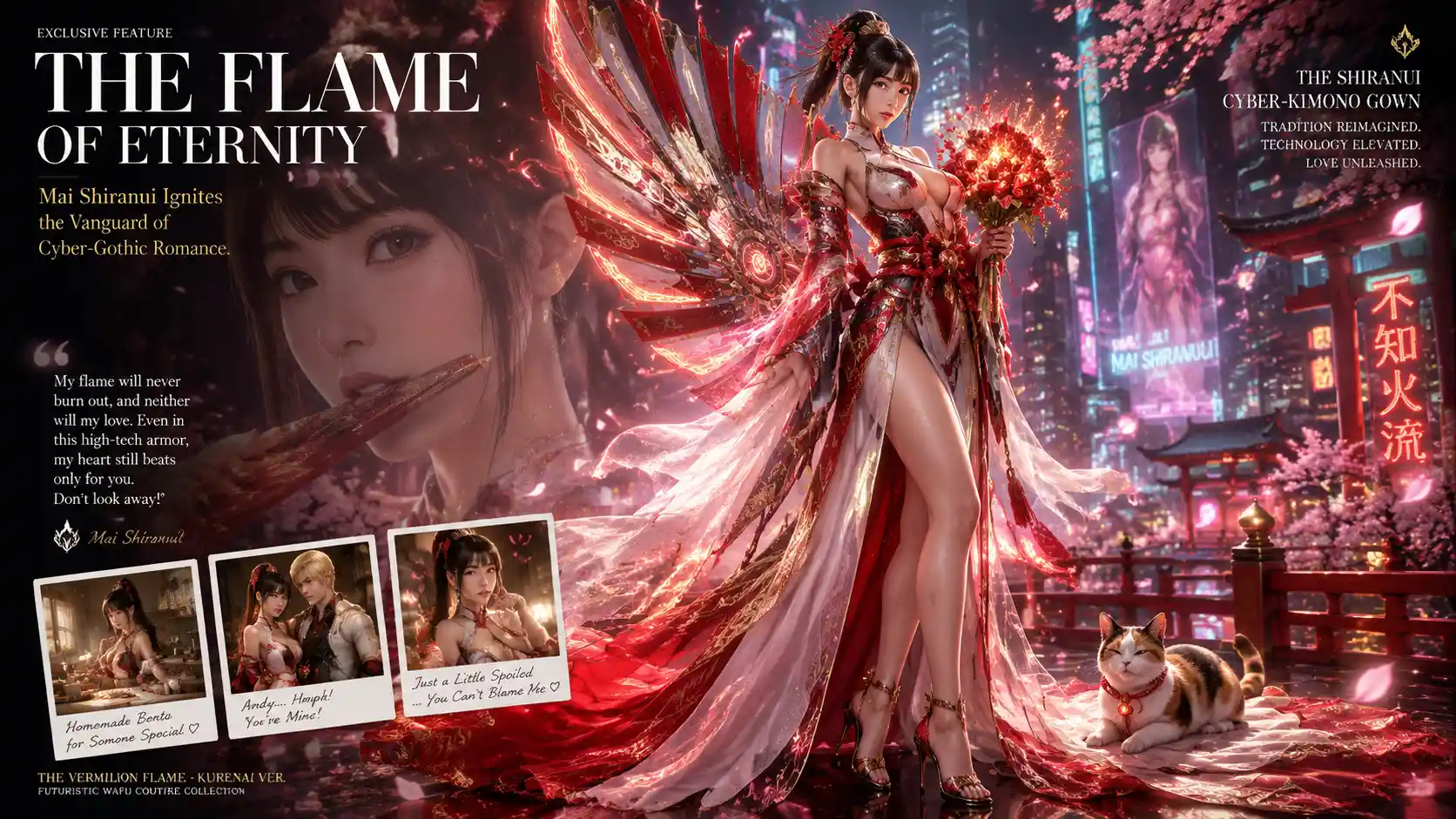 Futuristic bride in crimson cyber kimono on neon terrace