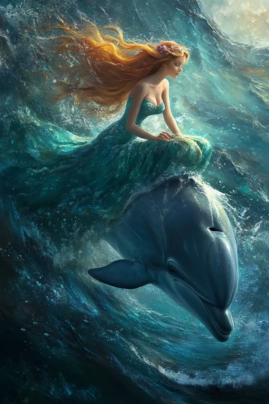 Fairytale girl riding a dolphin across a sunny sea