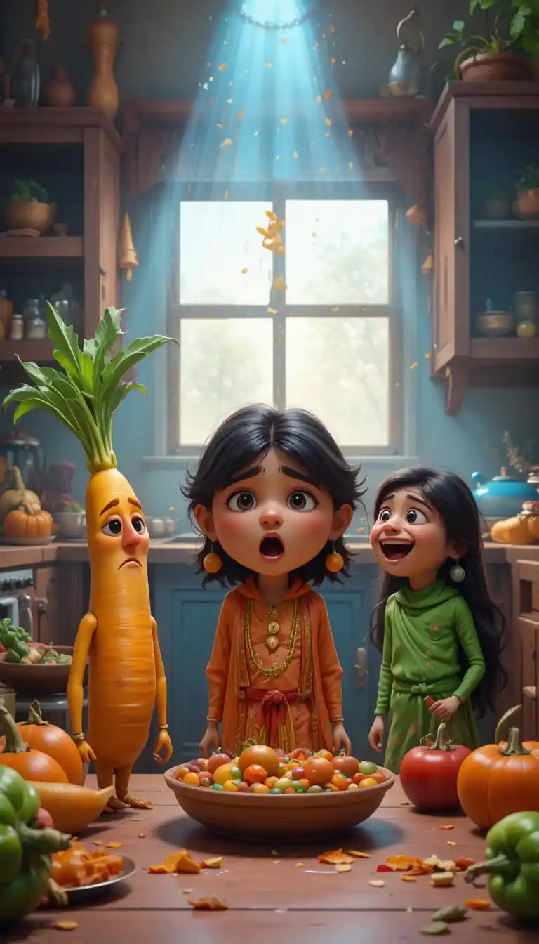 Anthropomorphic Indian vegetables in a dramatic kitchen scene