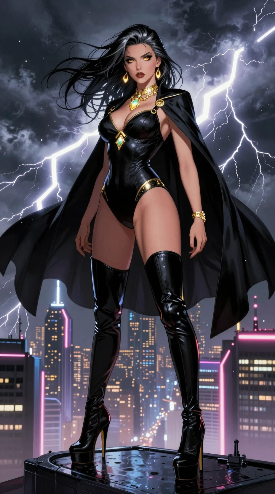 Stormlit femme fatale above a neon futuristic city