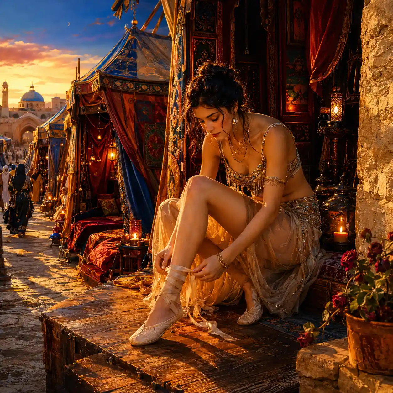High angle view of a belly dancer in a sunlit alley