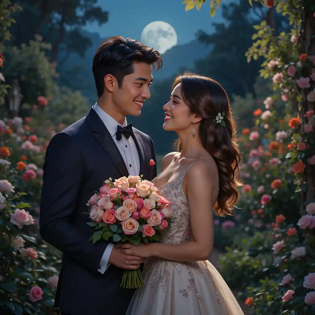 Romantic couple in a moonlit garden surrounded by flowers
