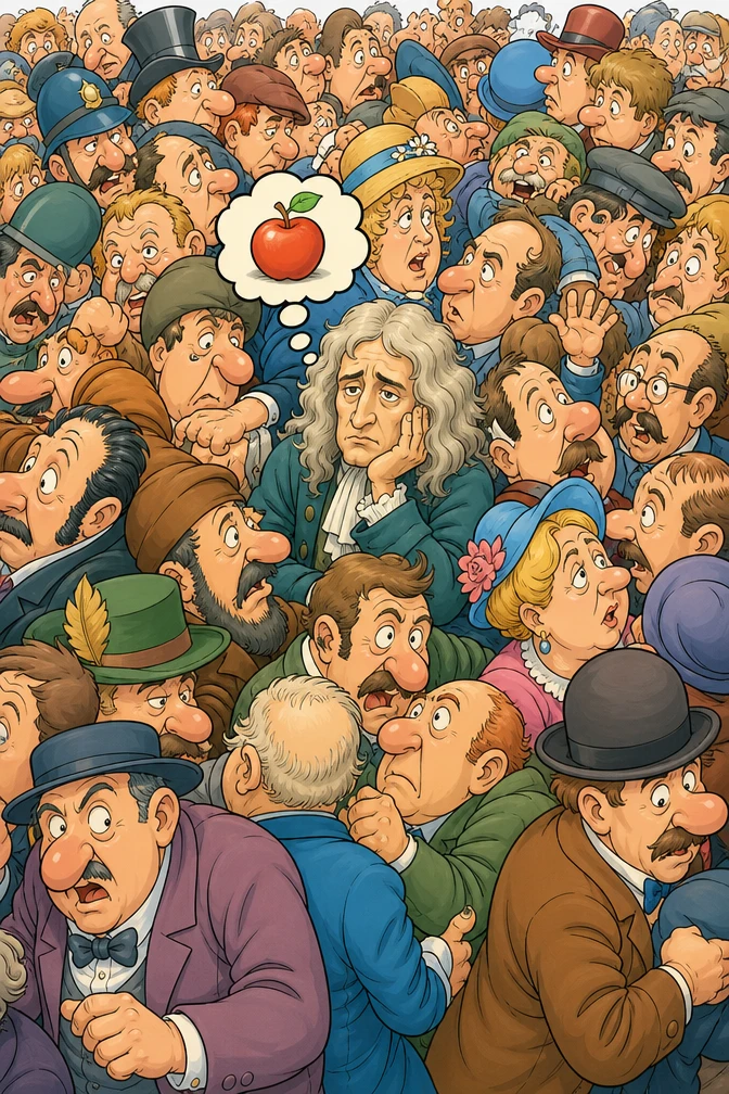 Ilustración tipo cómic de Newton enfadado en medio de una multitud