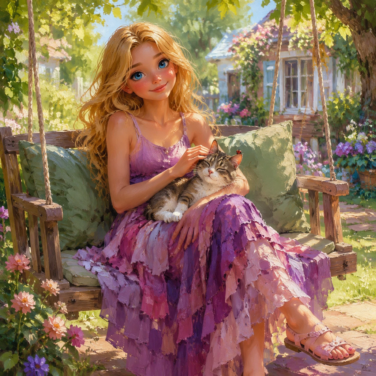 Girl on a garden swing with cat on her lap
