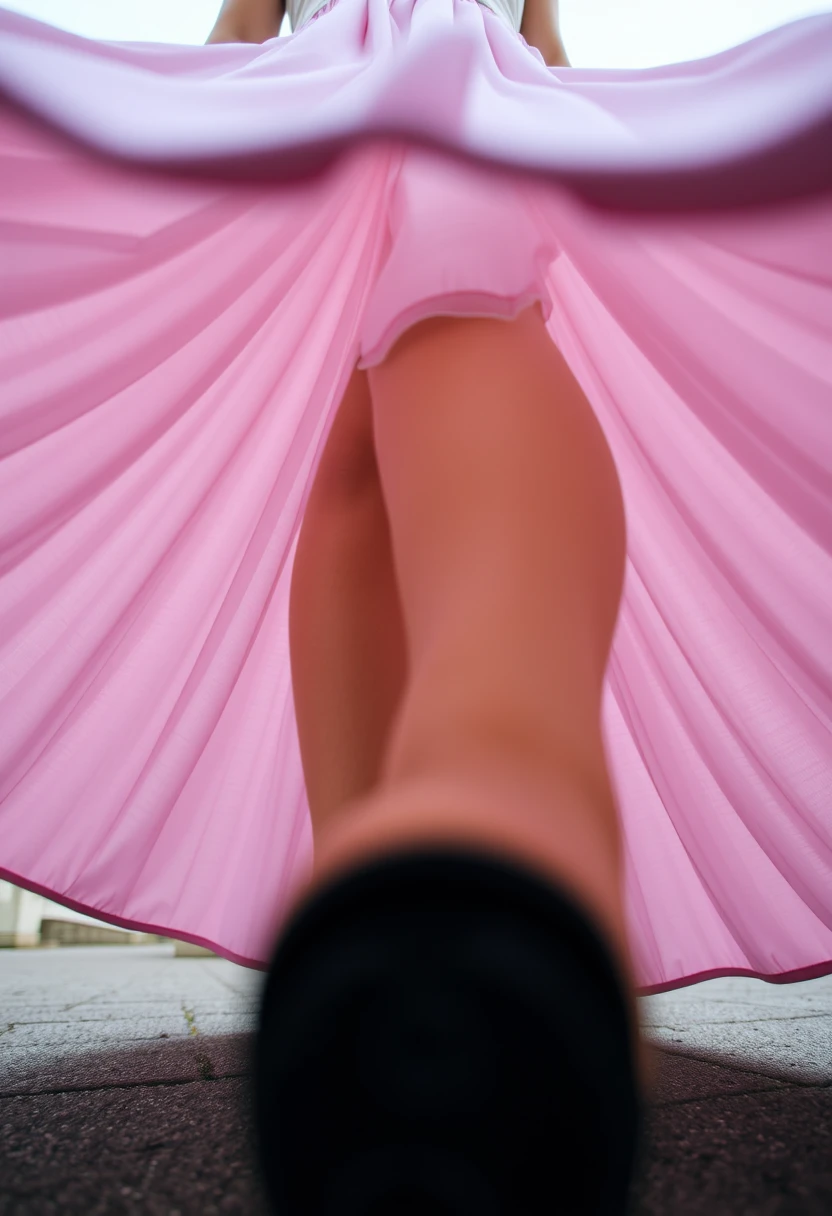Low angle view from beneath a billowing womens skirt