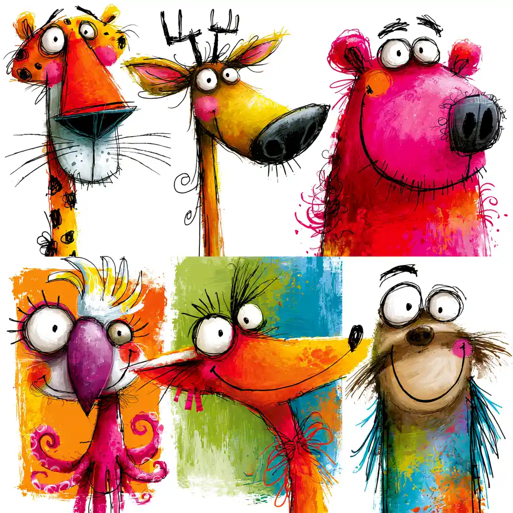 Playful grid of cartoon animals in fun white background squares