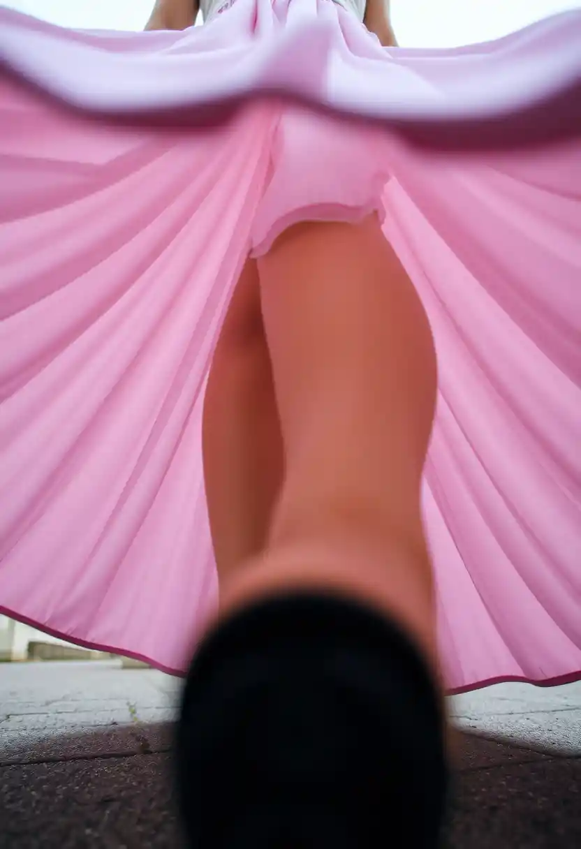 Low angle view from beneath a billowing womens skirt