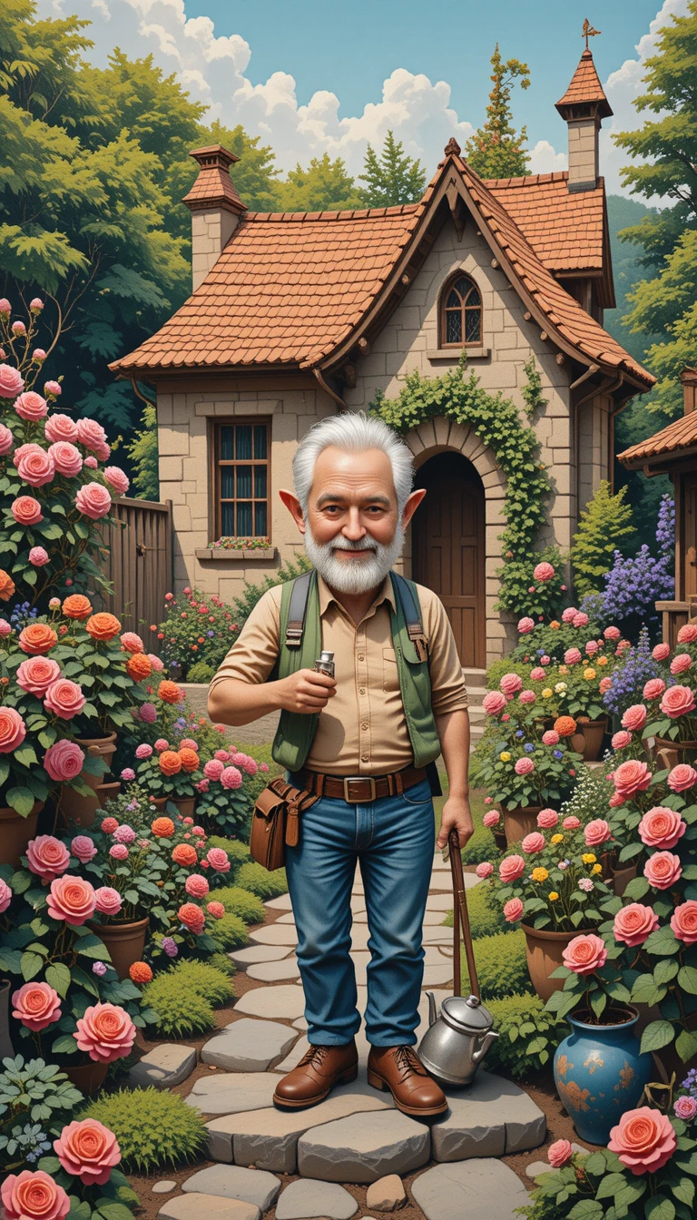 Whimsical old gardener in a surreal cottage garden