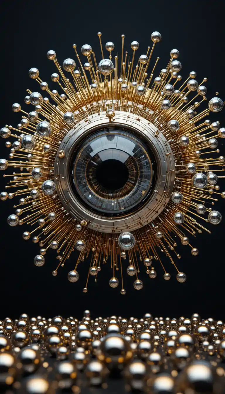 Futuristic mechanical eye with floating liquid droplets