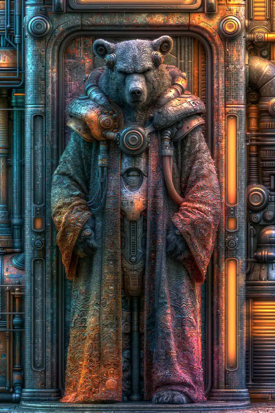 Futuristic mechanical bear guardian at a glowing city doorway