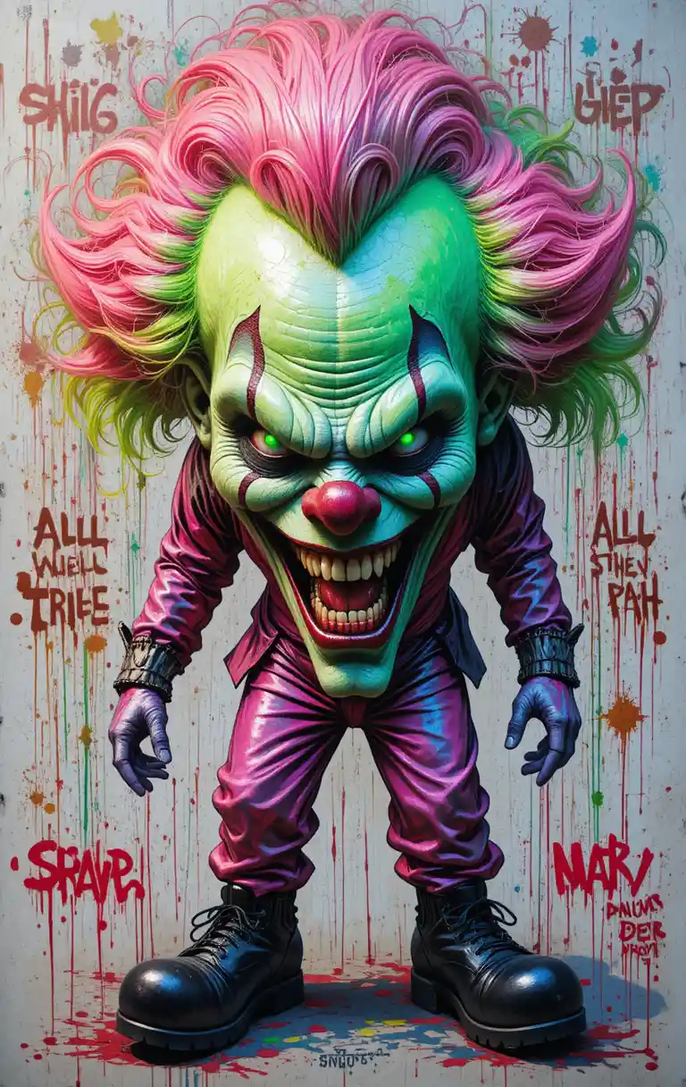 Twisted clown with pink and green hair in metallic costume