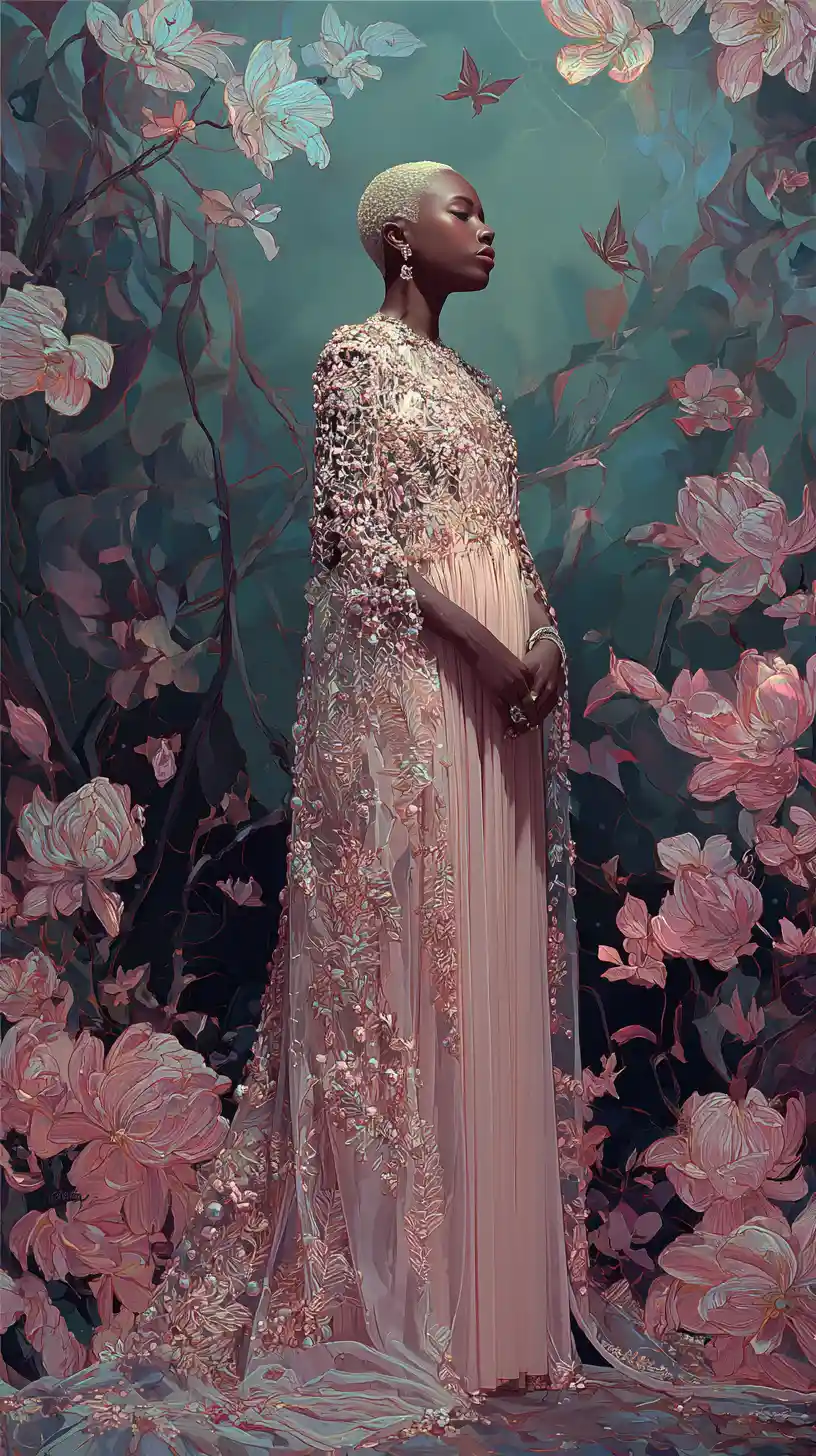 Blonde model in pale pink couture gown on abstract background