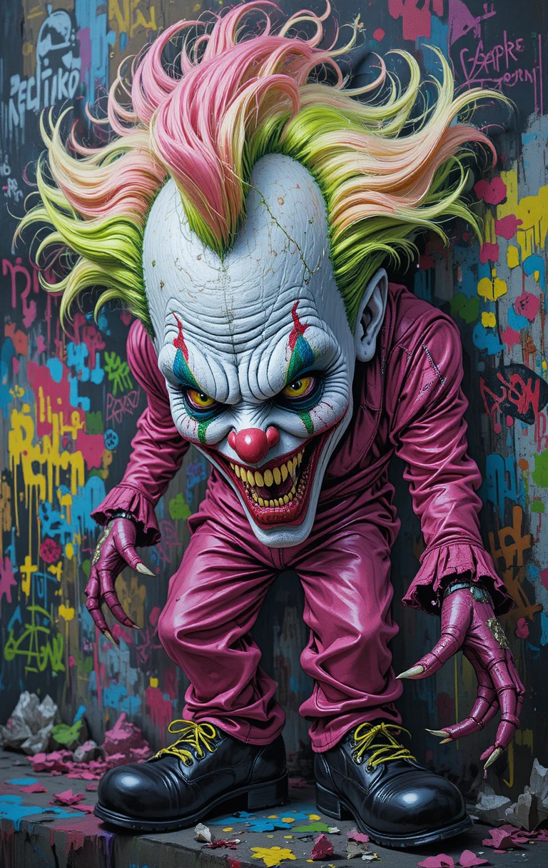 Clown malvagio e contorto con capelli al neon e costume metallico