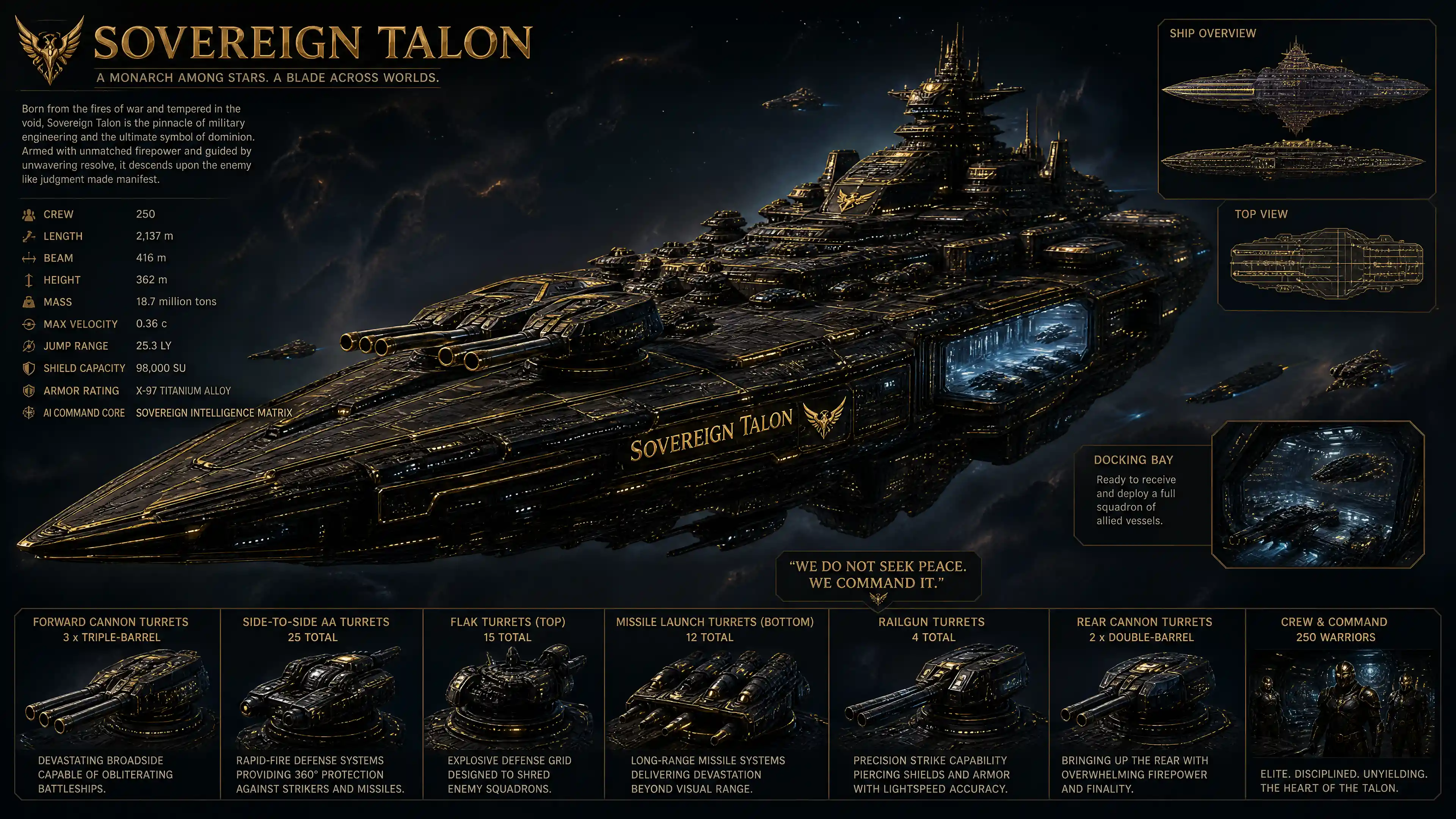 Heavily armed sci fi battleship emerging from deep space