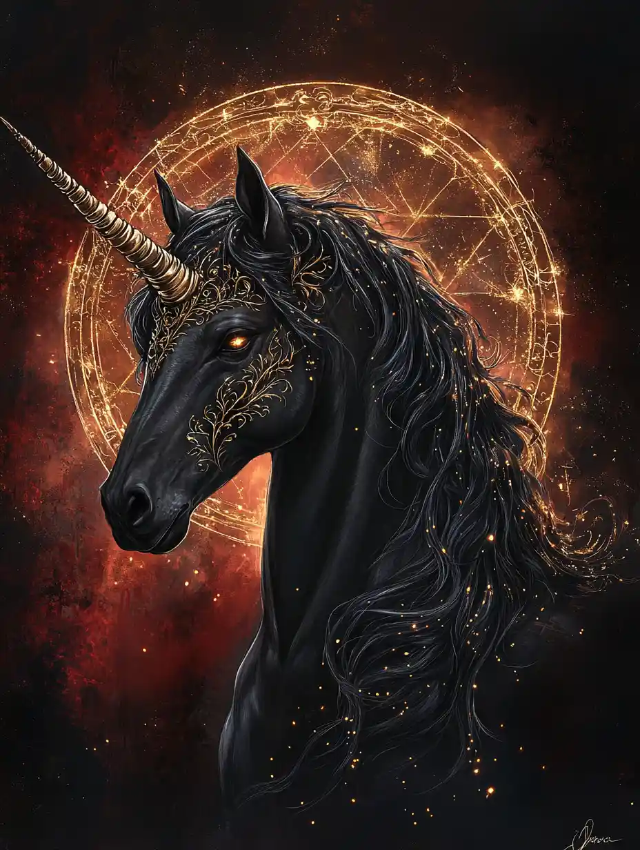 Majestic black unicorn portrait with glowing golden horn