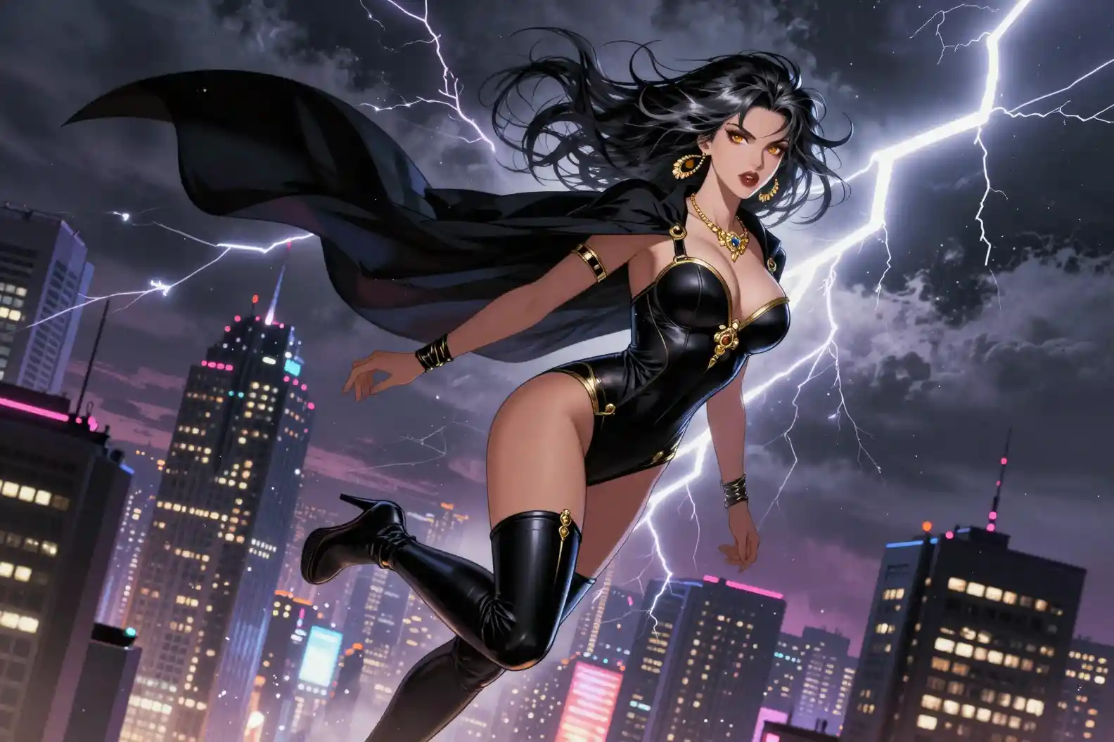 Silver haired femme fatale soaring above neon city skyline