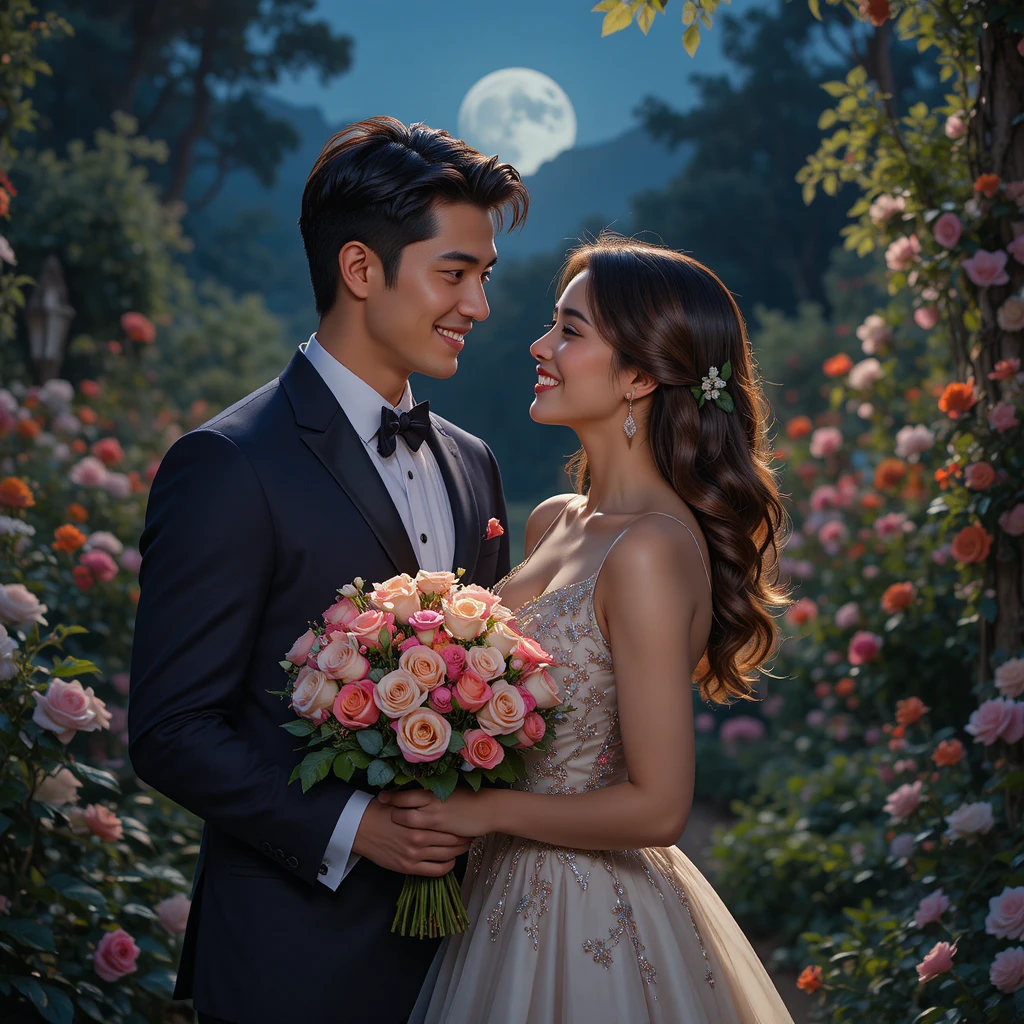 Romantic couple in a moonlit garden surrounded by flowers