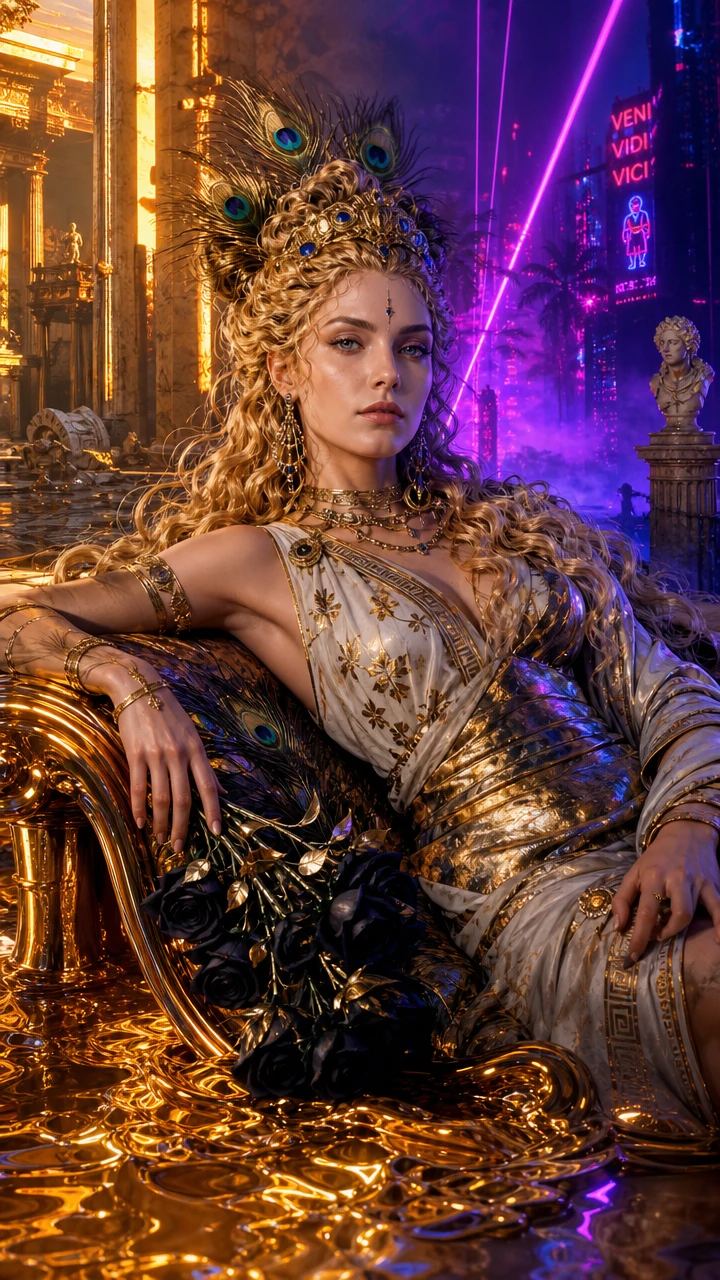 Roman oracle reclining in a surreal vaporwave dreamscape