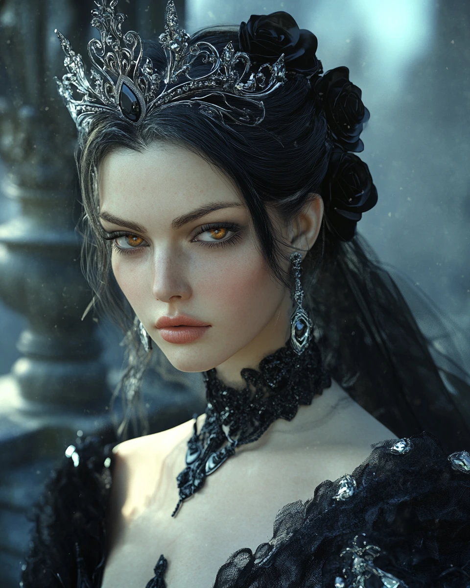 Regal queen of spades on a moonlit gothic balcony