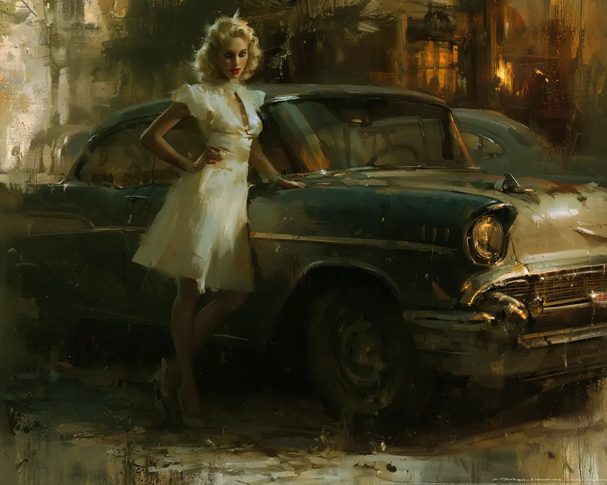 Blonde woman in white dress beside a 1957 Chevy