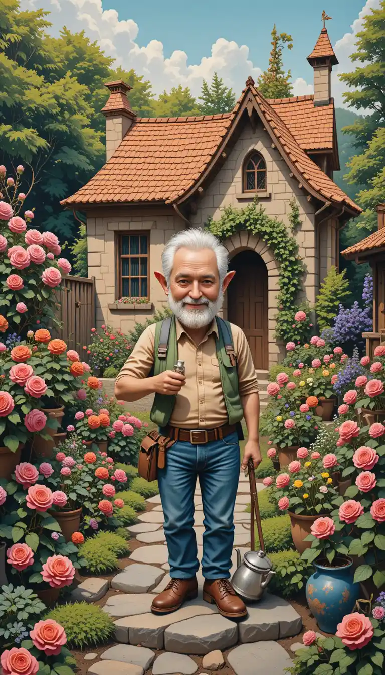 Whimsical old gardener in a surreal cottage garden