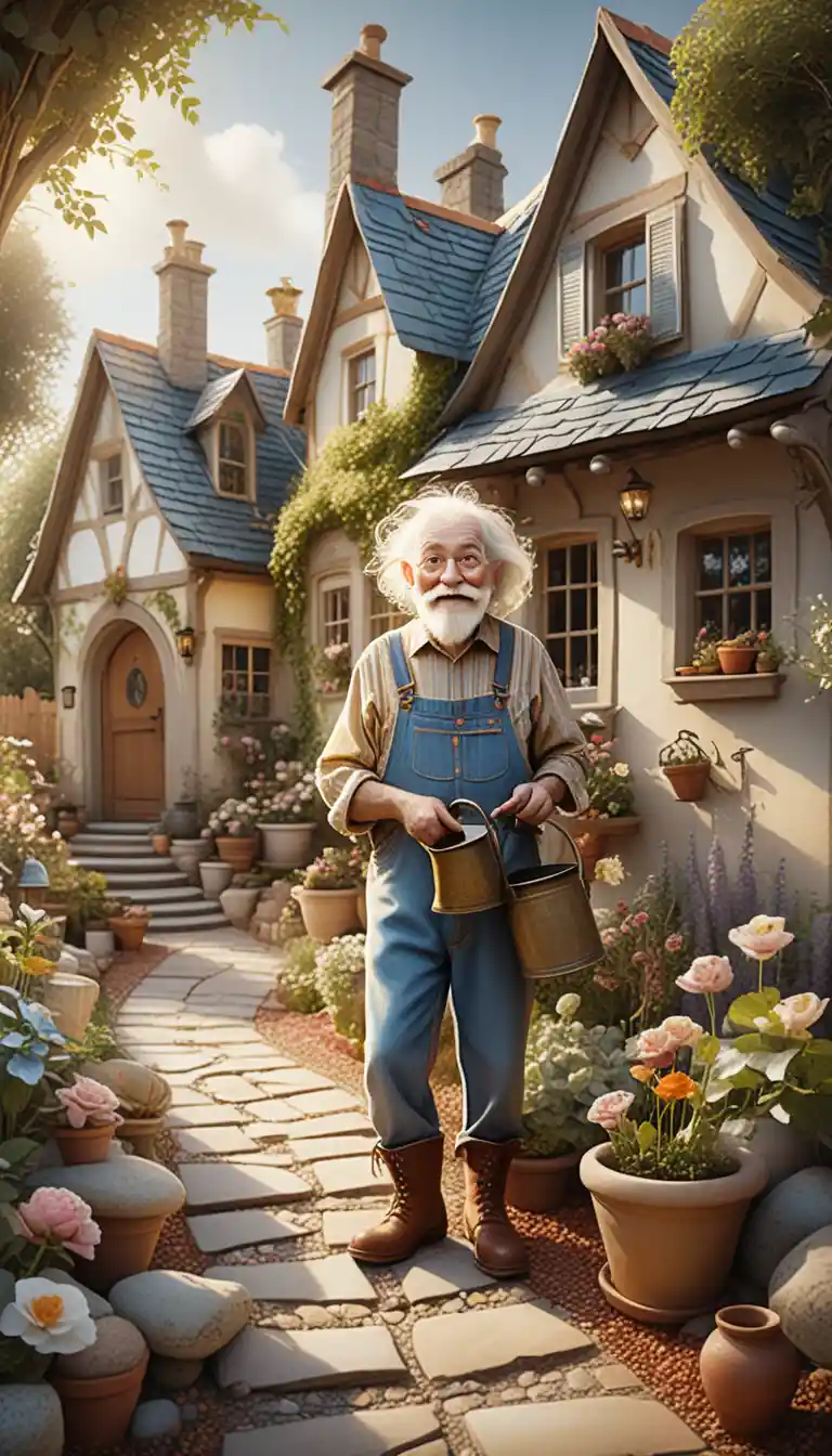Whimsical elderly gardener in a vibrant cottage garden