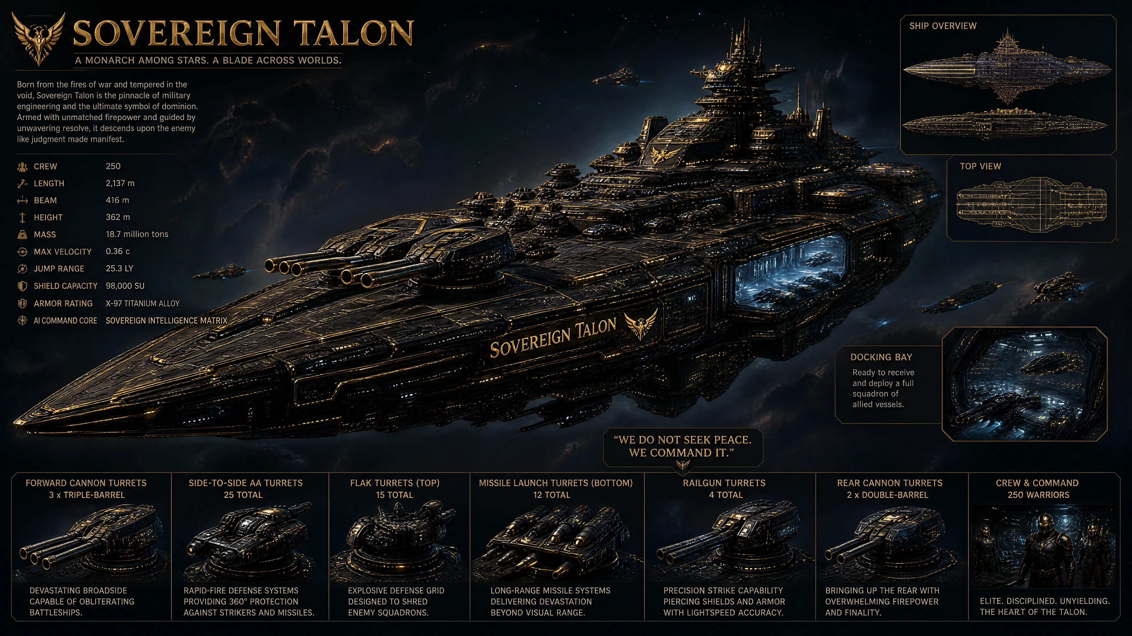 Heavily armed sci fi battleship emerging from deep space