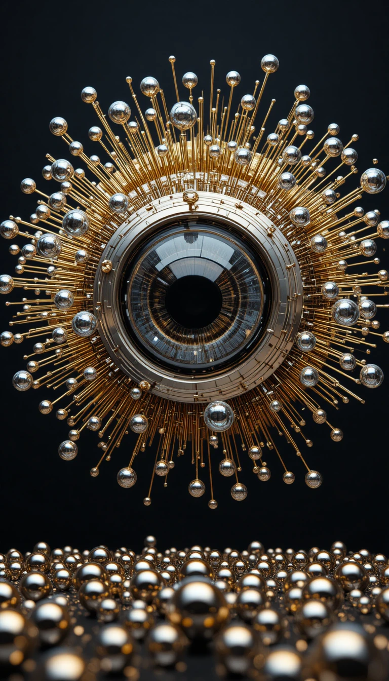 Futuristic mechanical eye with floating liquid droplets
