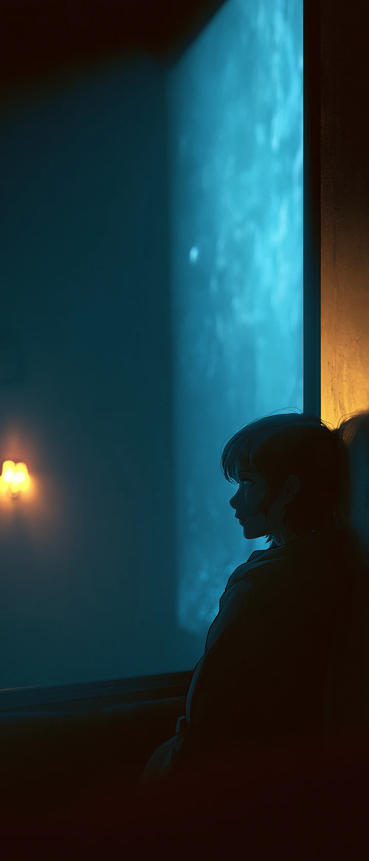 Anime girl alone in a dim vintage movie theater balcony