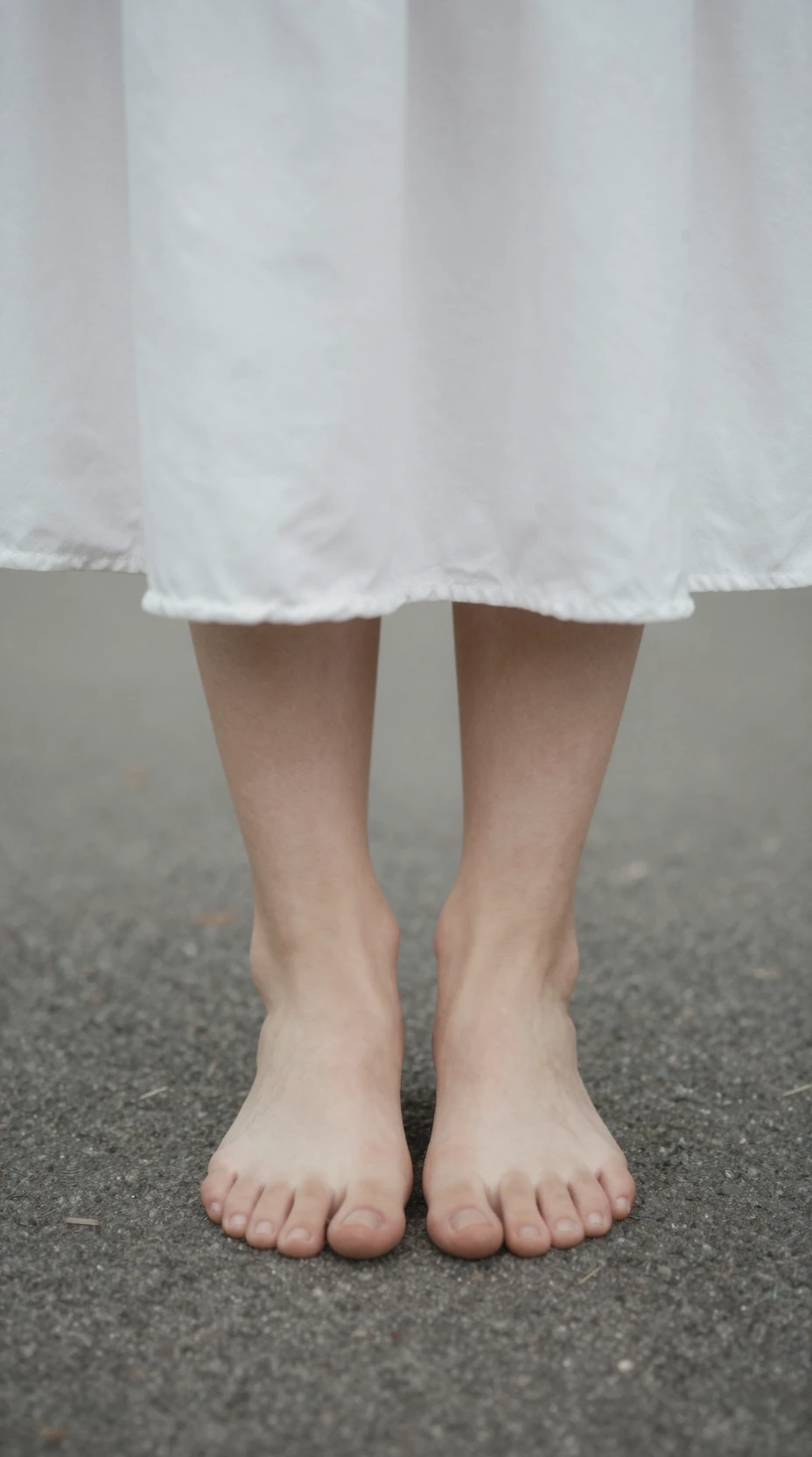 Low angle close up beneath a womans bare feet and skirt