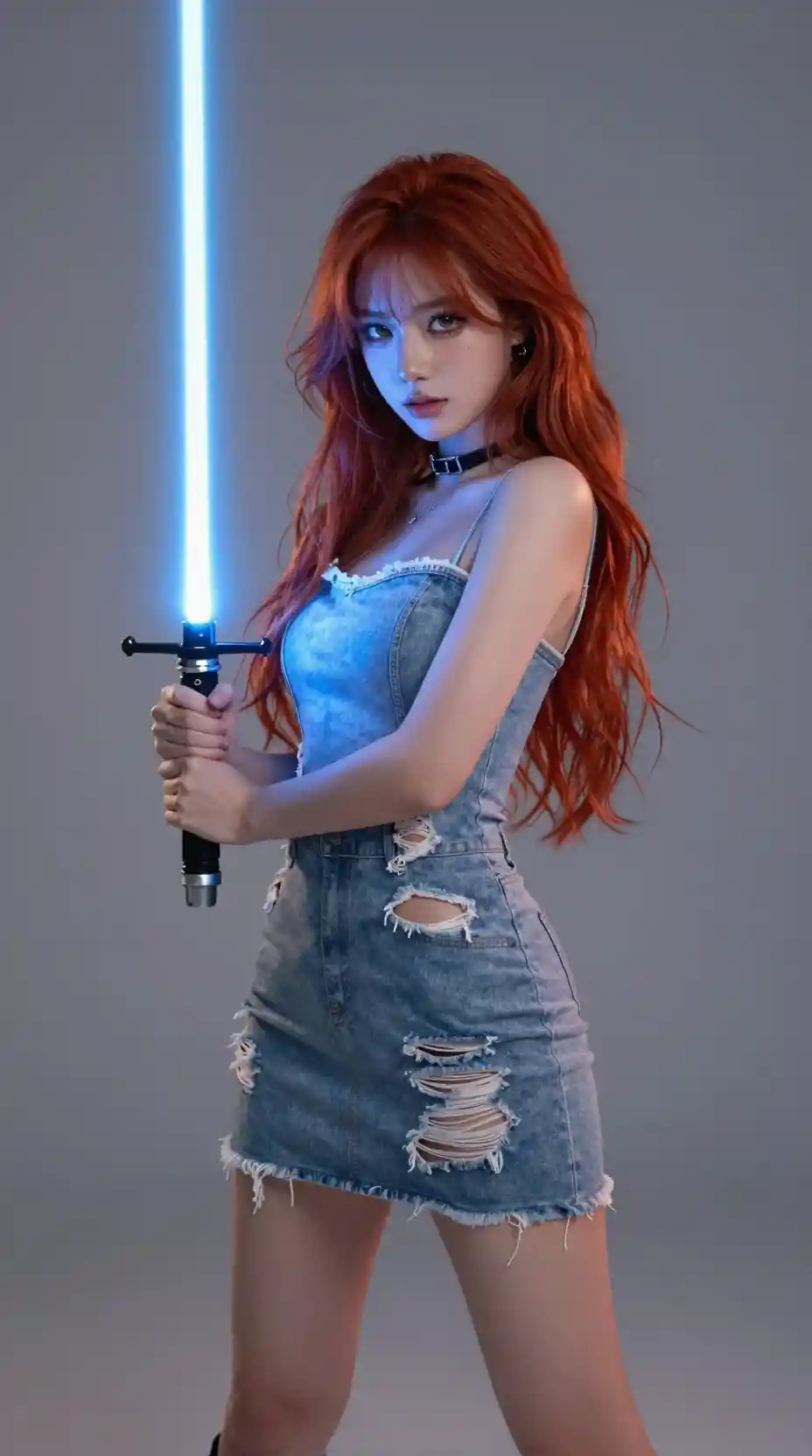 Young redheaded anime girl posing with a glowing lightsaber