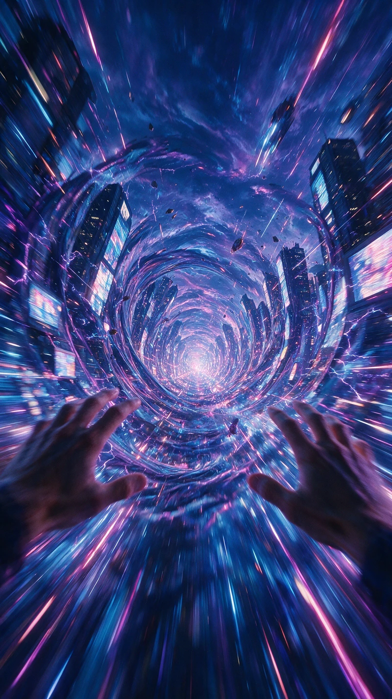 Man rushing through surreal neon city at impossible speed