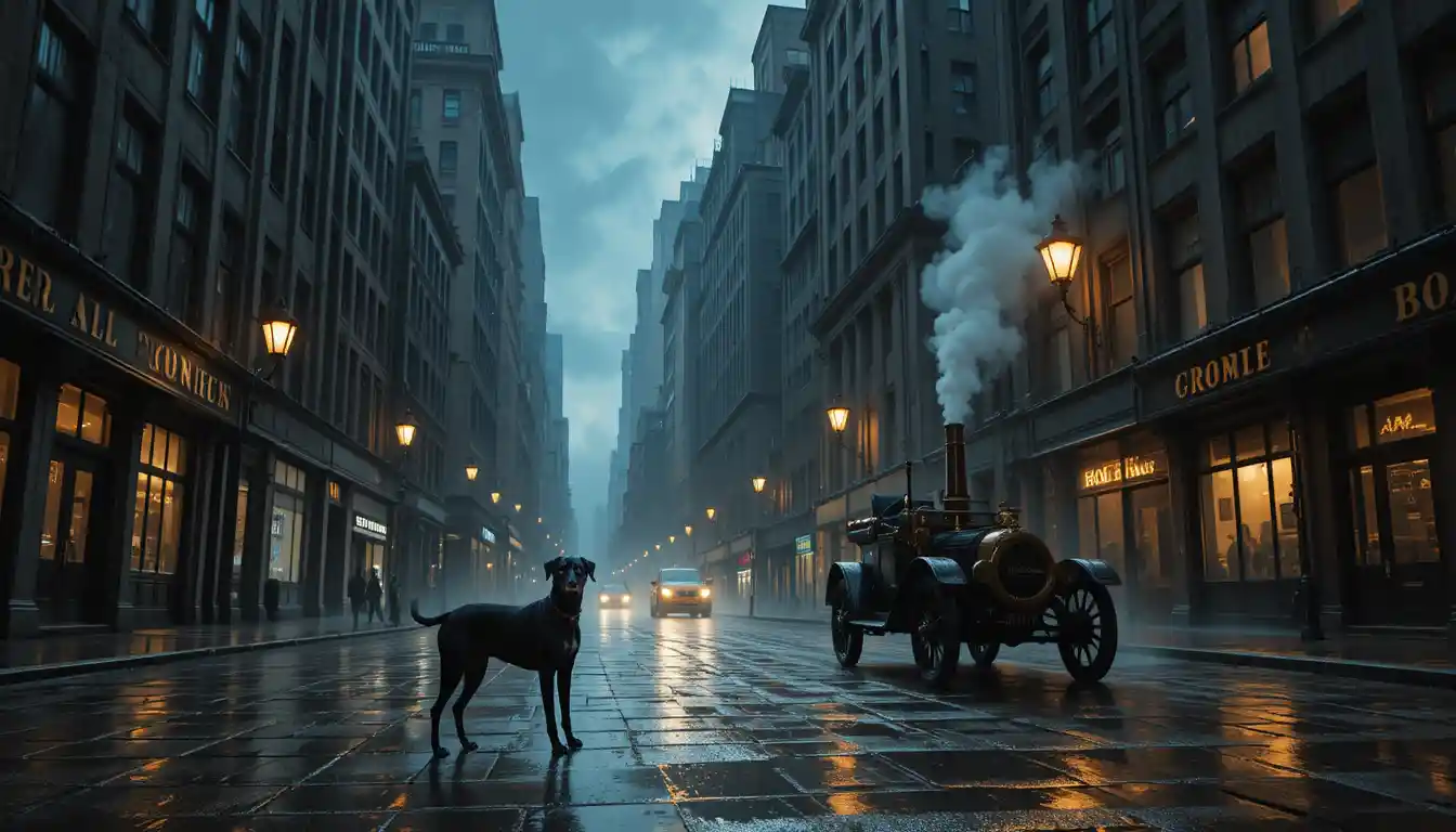 Lonely Dog On Rain Soaked Street Beneath Tall City Buildings