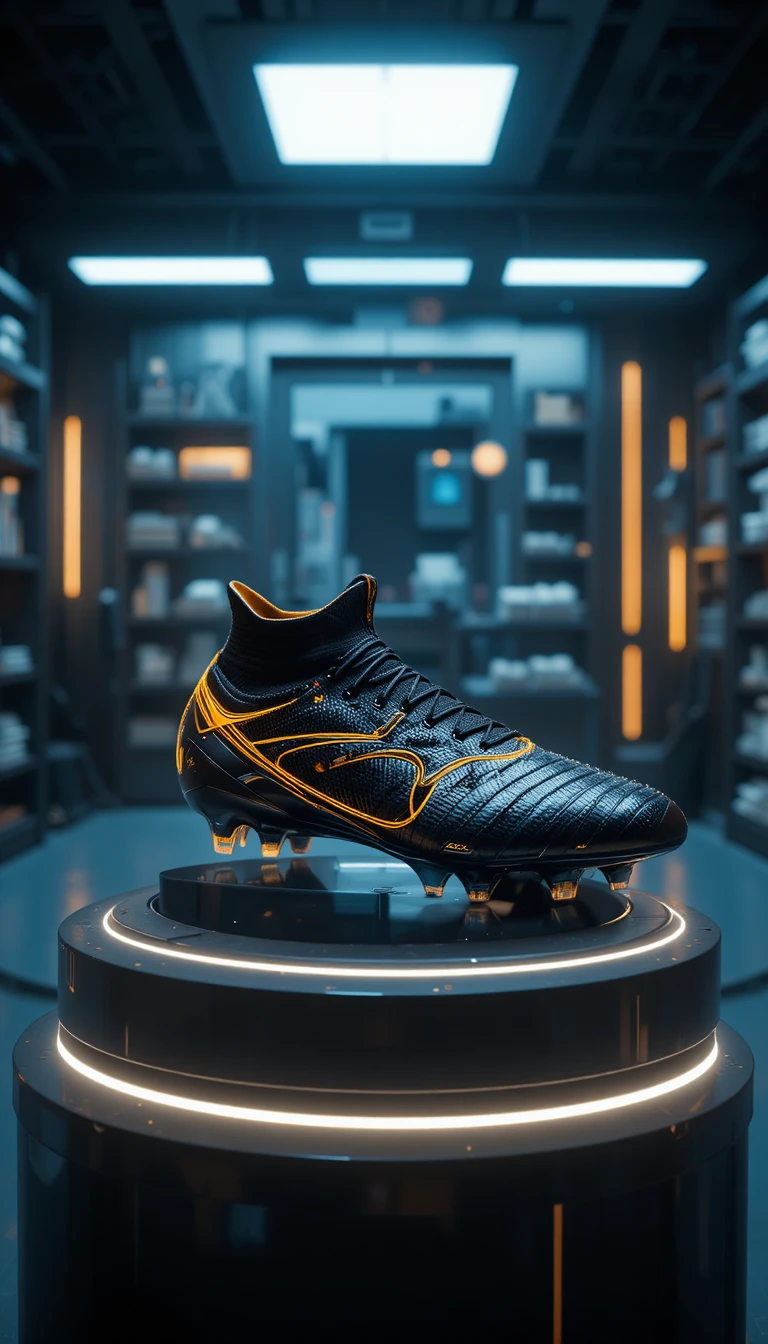 Futuristic national team soccer boot in high tech lab display