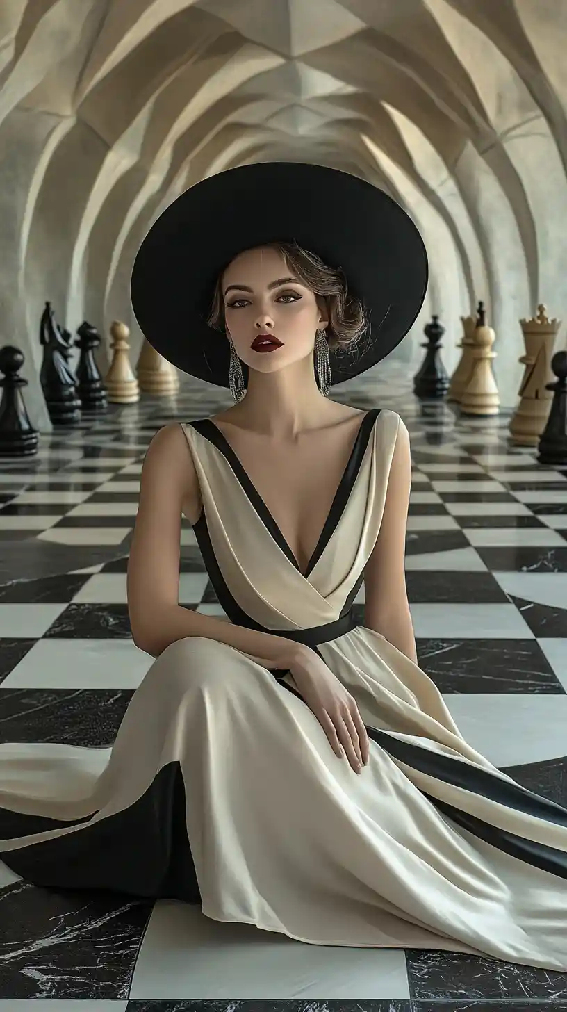 Elegant woman on giant chessboard in surreal architecture