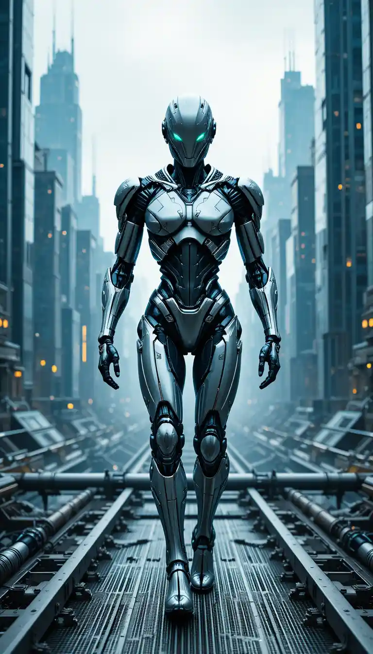Futuristic humanoid robot walking in a sleek sci fi city