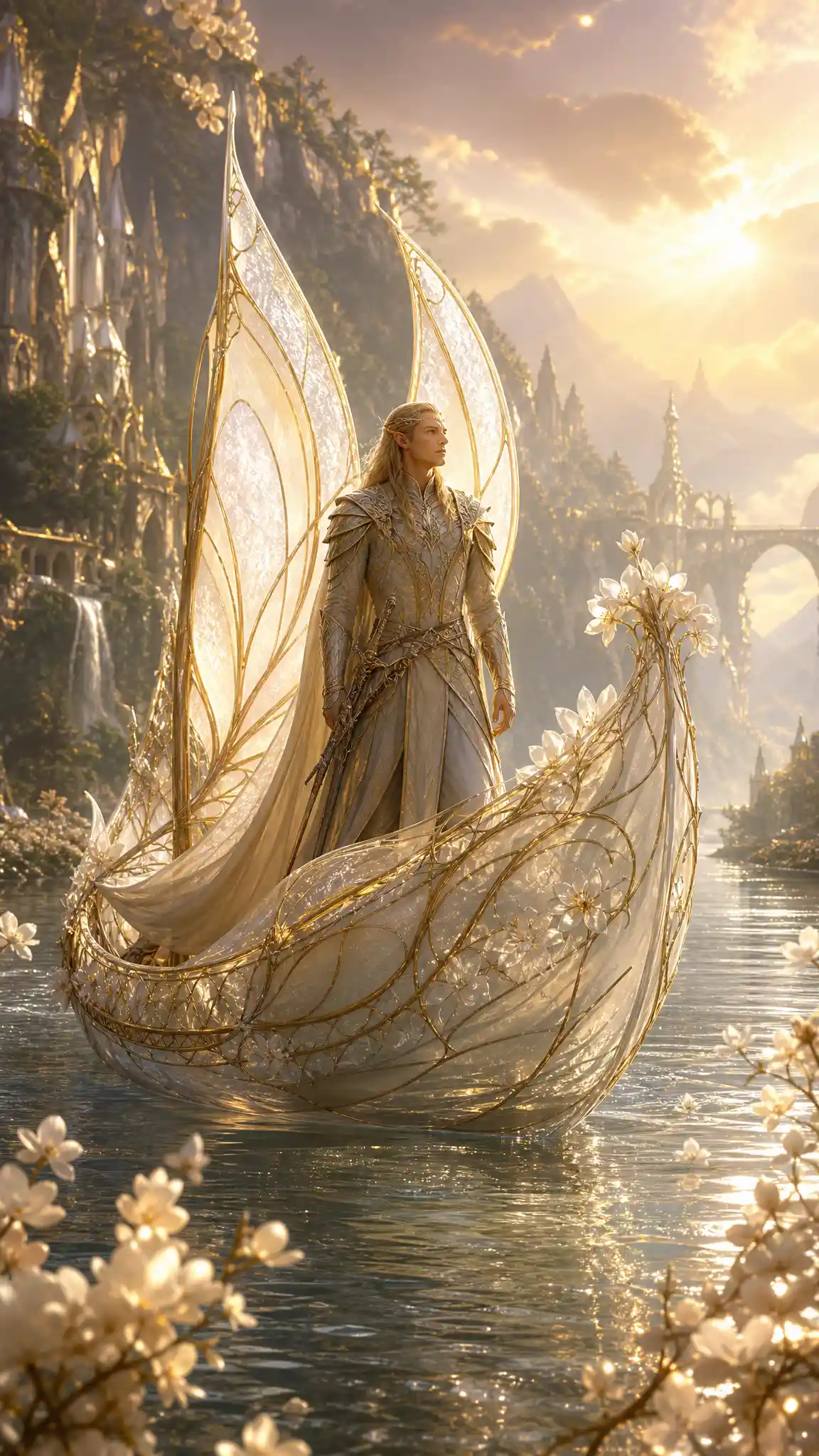 Elven warrior on a blossom ship along a silver river