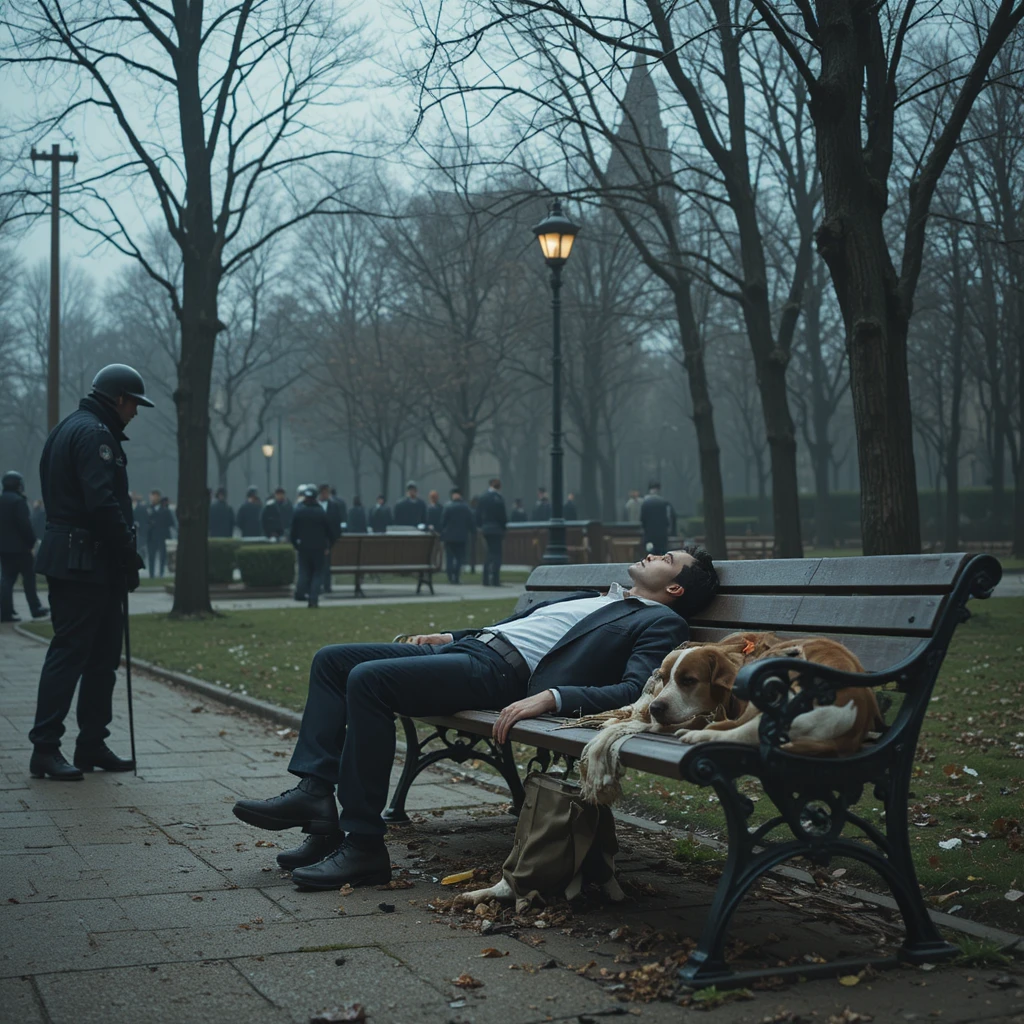 Dead man on park bench in intense manhunt scene