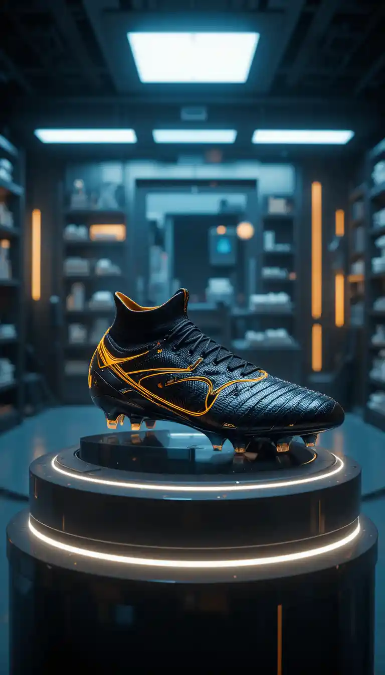 Futuristic national team soccer boot in high tech lab display