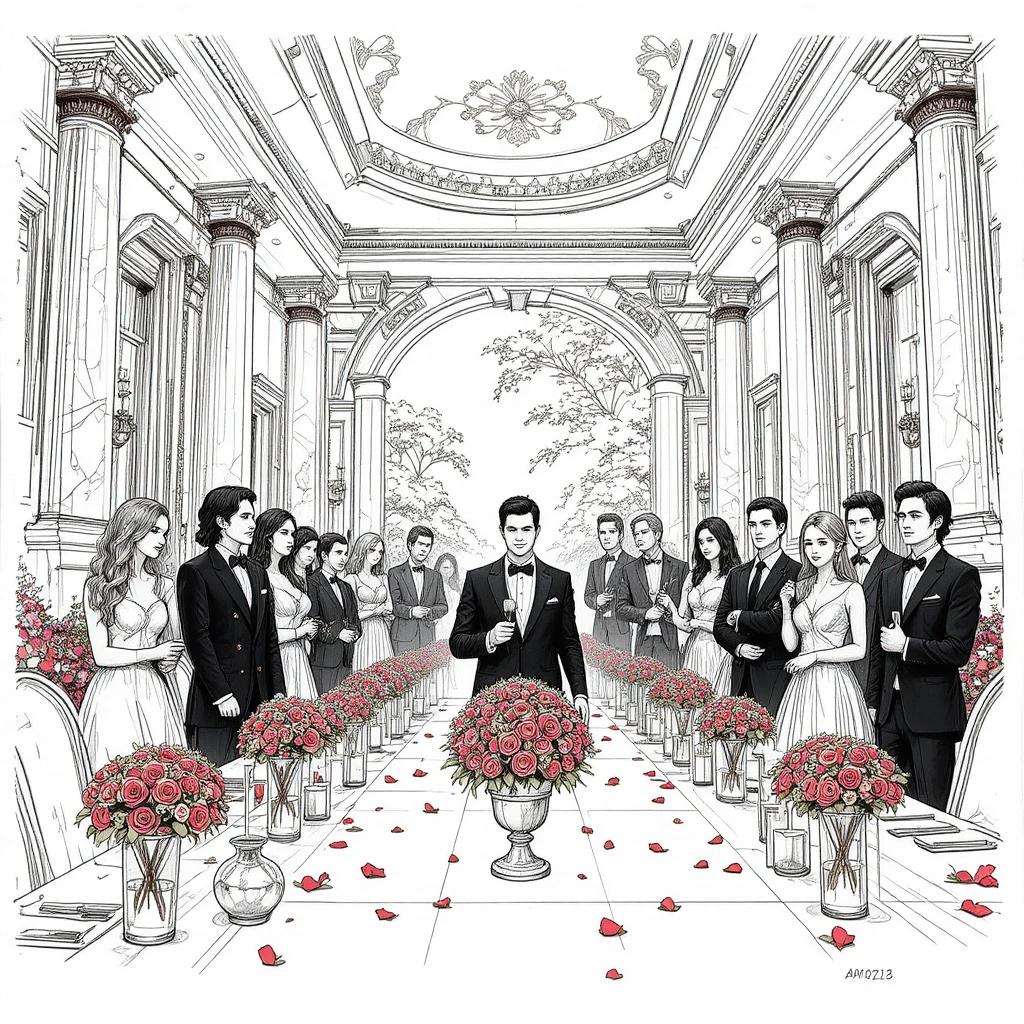 Cinematic low angle view of a modern wedding banquet
