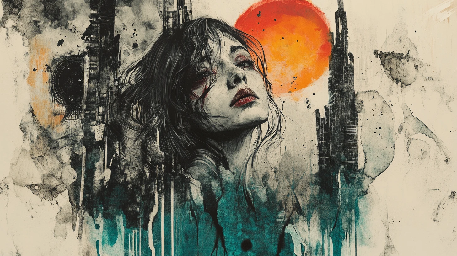 Young woman in despair in a crumbling futuristic city