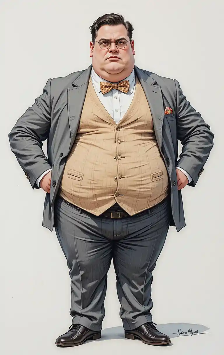 Stern overweight man in formal suit on white background