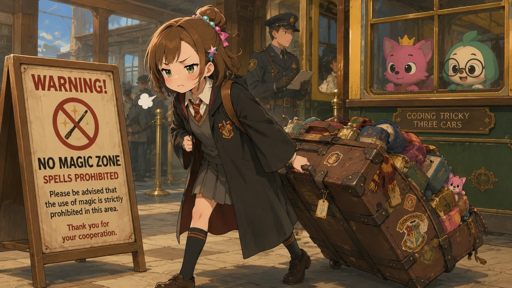 Anime girl with suitcase in a warm train station