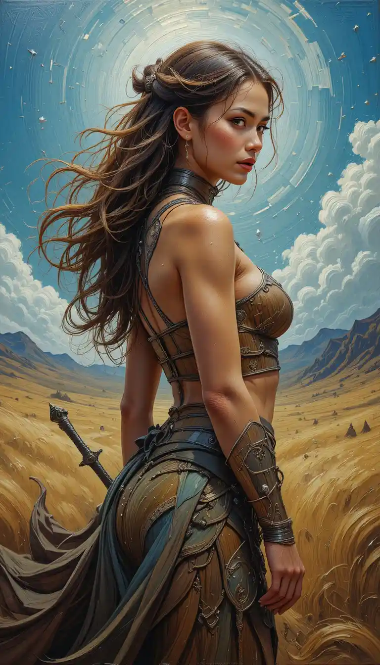 Sensual brunette warrior on a battlefield with dragon guardian