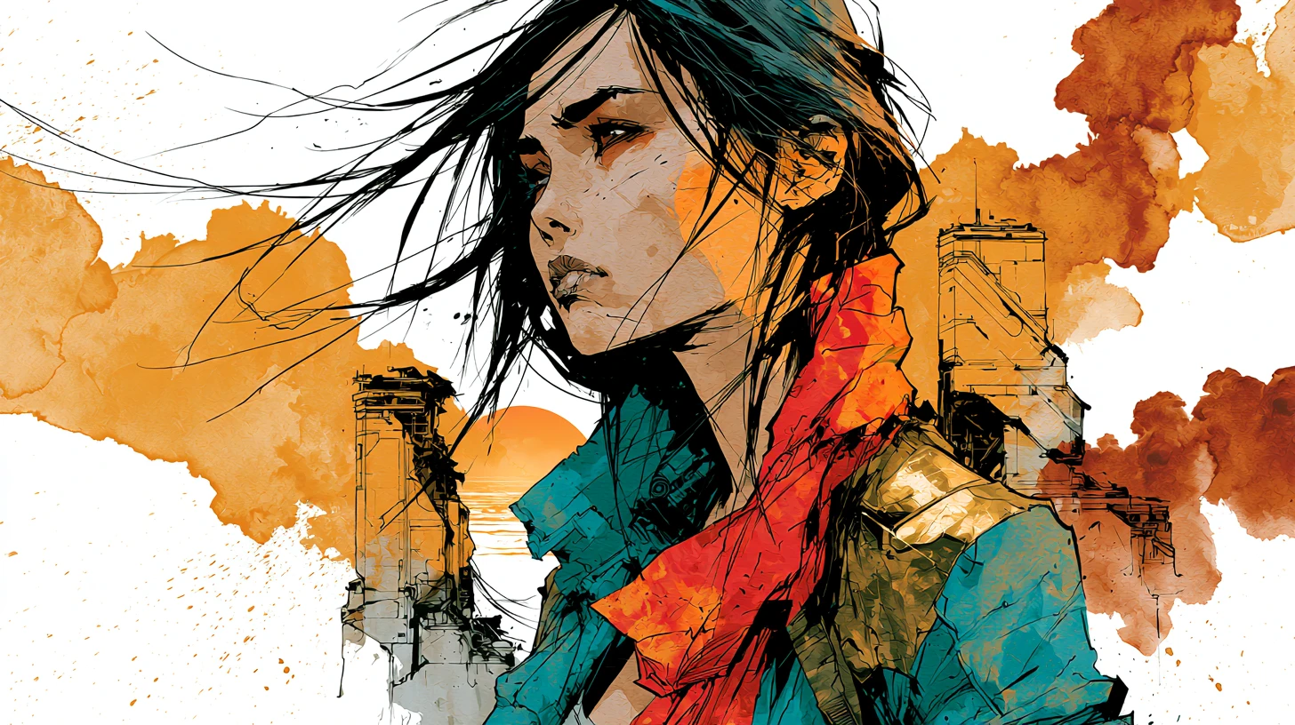 Dystopian ink portrait of a girl lost in despair