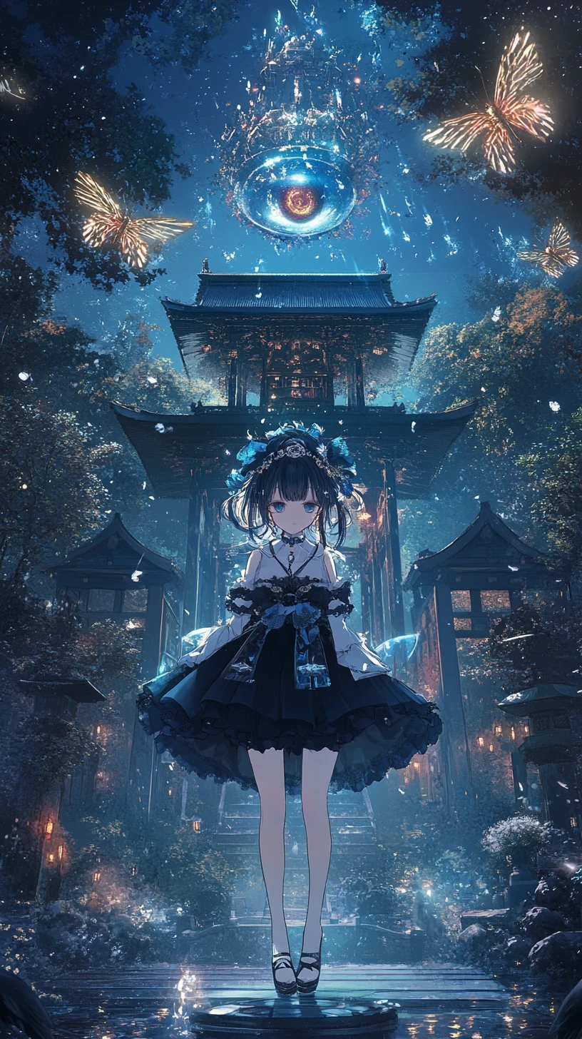 Anime girl at night by a Japanese temple with fireworks