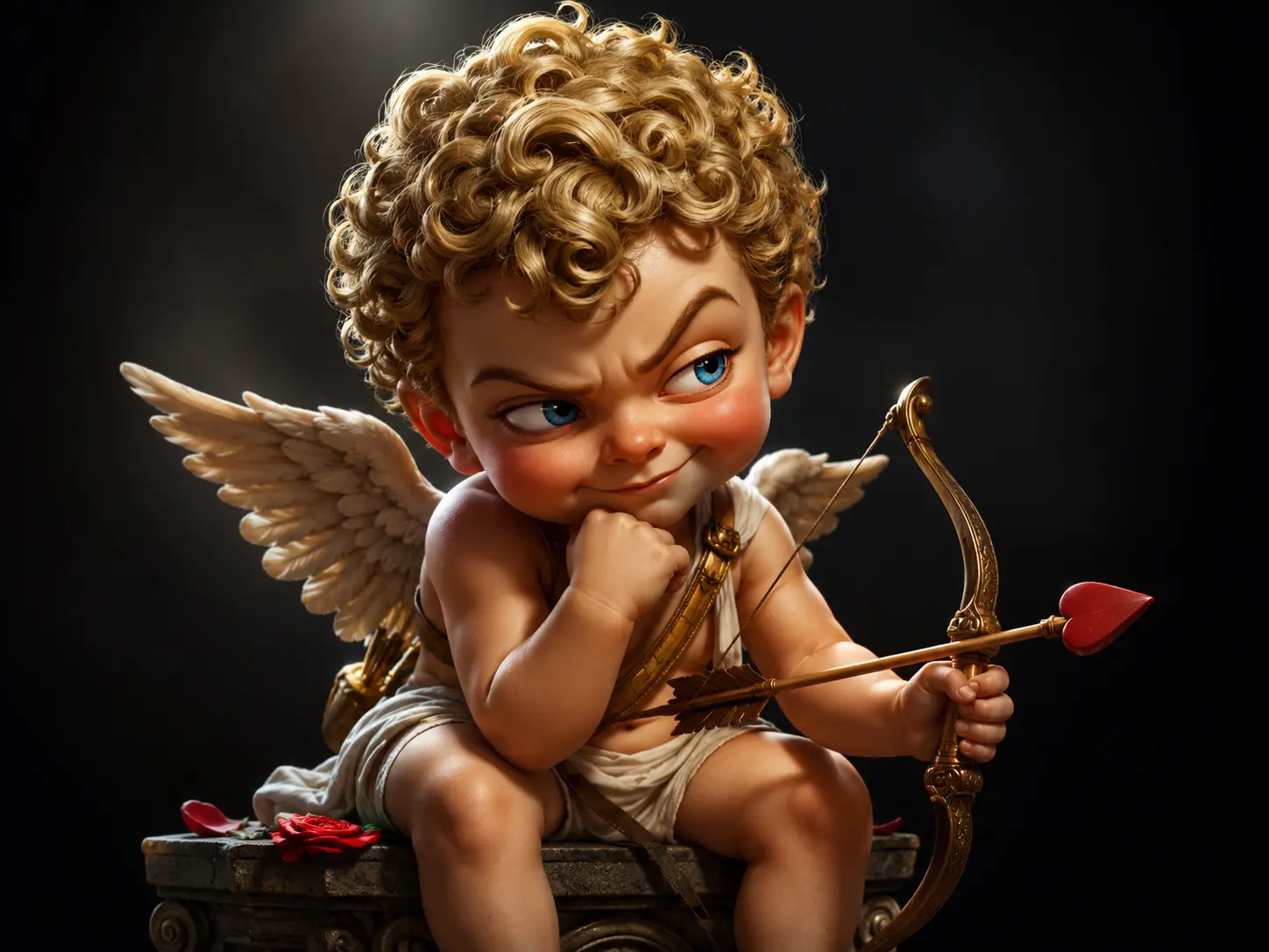 Cupido birichino con sguardo furbo e complottante sotto i riflettori